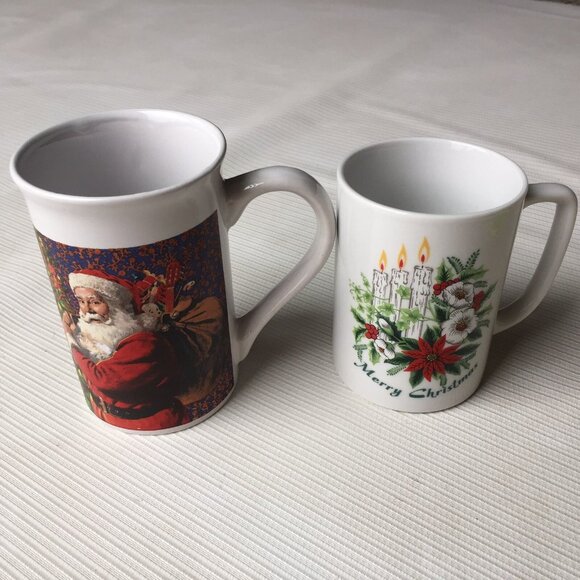 Set of 2 Christmas Mugs Royal Norfolk Santa Claus Candles Poinsettias Holiday - Picture 1 of 12